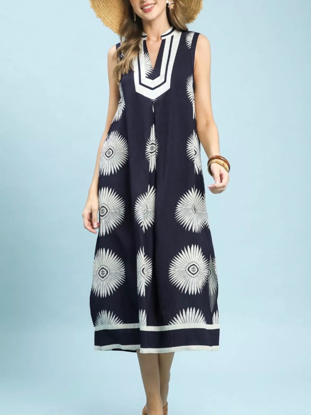 Umgee Sleeveless Geometric Midi Dress